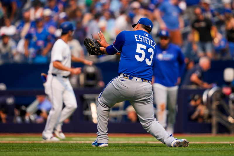 Aug 3, 2025; Toronto, Ontario, CAN;  Kansas City Royals pitcher Carlos Estévez (53) celebrates after defeating the Toronto Blue Jays at Rogers Centre. Mandatory Credit: Kevin Sousa-Imagn Images