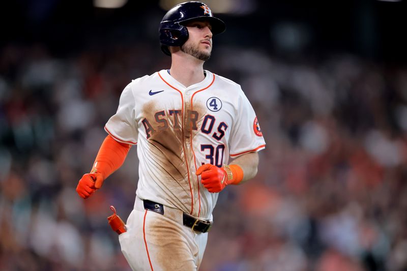 Jun 2, 2024; Houston, Texas, USA; Houston Astros designated hitter Kyle Tucker (30) runs to first base after hitting a single against the Minnesota Twins during the third inning at Minute Maid Park. Mandatory Credit: Erik Williams-USA TODAY Sports