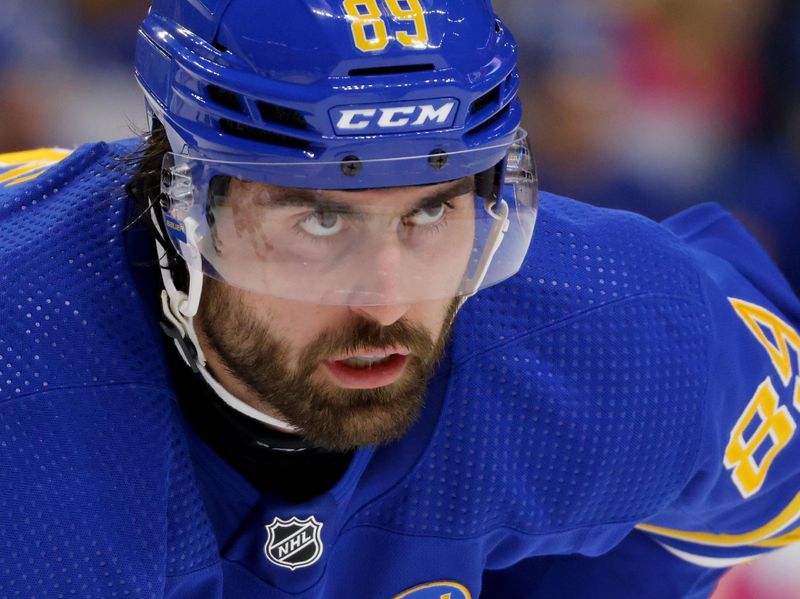 Mar 9, 2024; Buffalo, New York, USA;  Buffalo Sabres right wing Alex Tuch (89) waits for the face-off during the second period against the Edmonton Oilers at KeyBank Center. Mandatory Credit: Timothy T. Ludwig-USA TODAY Sports