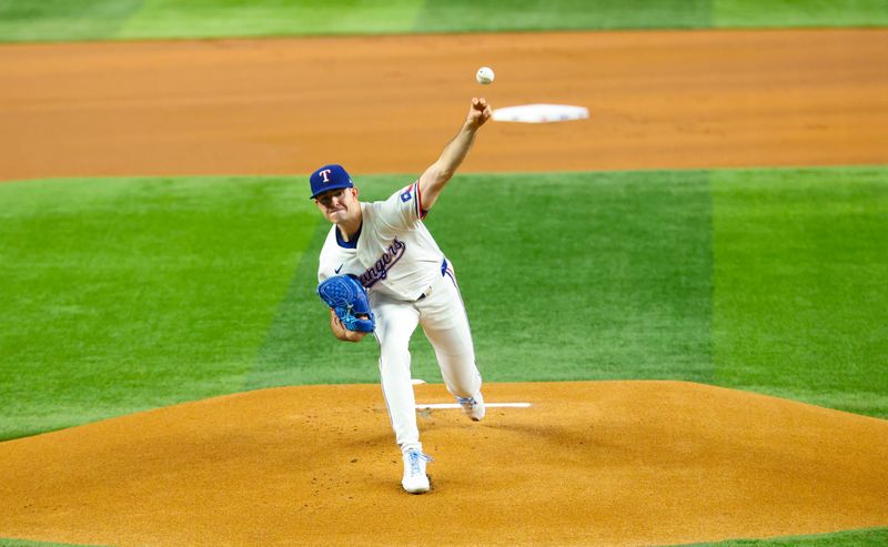 Aug 20, 2024; Arlington, Texas, USA; Texas Rangers starting pitcher Cody Bradford (61) throws during the first inning against the Pittsburgh Pirates  at Globe Life Field. Mandatory Credit: Kevin Jairaj-USA TODAY Sports