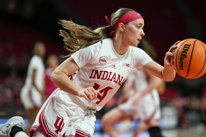 Jan 31, 2024; College Park, Maryland, USA;  Indiana Hoosiers guard Sara Scalia (14) starts the fast break during the second half against the Maryland Terrapins at Xfinity Center. Mandatory Credit: Tommy Gilligan-USA TODAY Sports