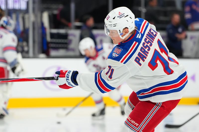 Nov 18, 2025; Las Vegas, Nevada, USA; New York Rangers center Juuso Parssinen (71) warms up before a game against the Vegas Golden Knights at T-Mobile Arena. Mandatory Credit: Stephen R. Sylvanie-Imagn Images