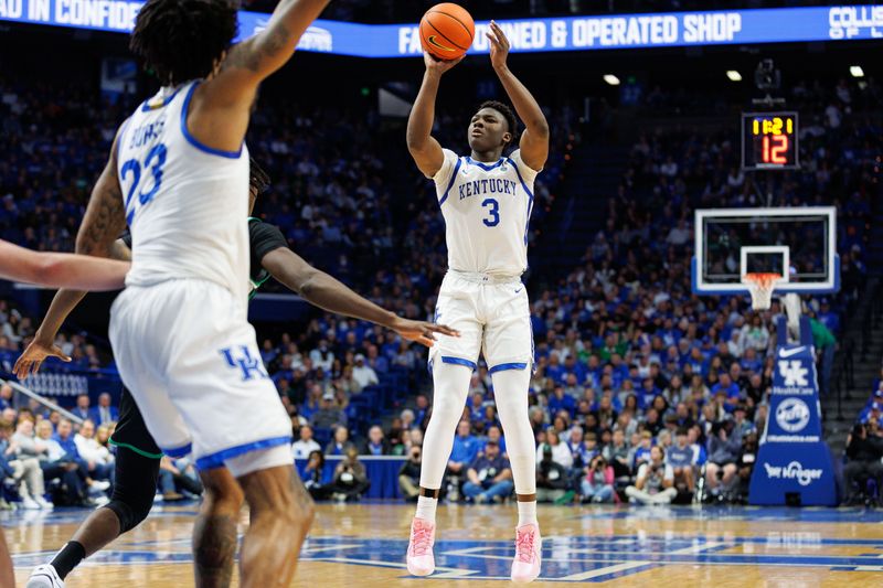 Nov 24, 2023; Lexington, Kentucky, USA; Kentucky Wildcats guard Adou Thiero (3) shoots the ball during the second half against the Marshall Thundering Herd at Rupp Arena at Central Bank Center. Mandatory Credit: Jordan Prather-USA TODAY Sports