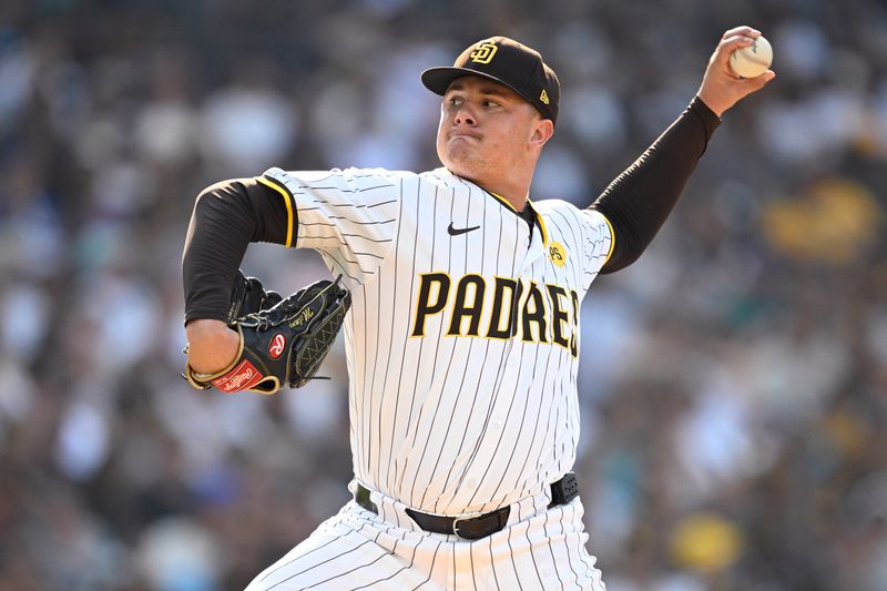 Jul 10, 2024; San Diego, California, USA; San Diego Padres relief pitcher Adrian Morejon (50) pitches against the Seattle Mariners during the seventh inning at Petco Park. Mandatory Credit: Orlando Ramirez-USA TODAY Sports