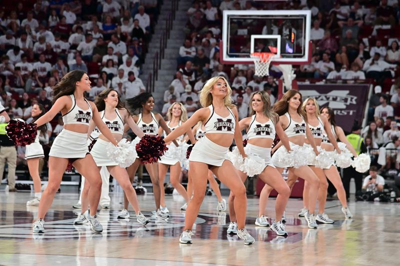 Feb 15, 2023; Starkville, Mississippi, USA; The Mississippi State Dance team performs during a timeout during the second half of the game between the Mississippi State Bulldogs and the Kentucky Wildcats  at Humphrey Coliseum. Mandatory Credit: Matt Bush-USA TODAY Sports