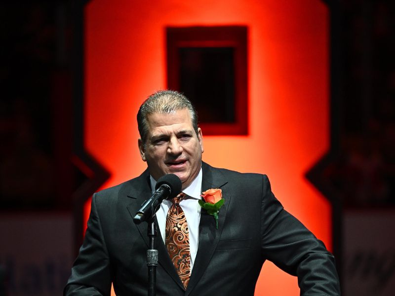 Jan 27, 2024; Philadelphia, Pennsylvania, USA; Philadelphia Flyers former player Mark Recchi speaks during his induction ceremony into the Flyers Hall of Fame before a game against the Boston Bruins at Wells Fargo Center. Mandatory Credit: Kyle Ross-USA TODAY Sports