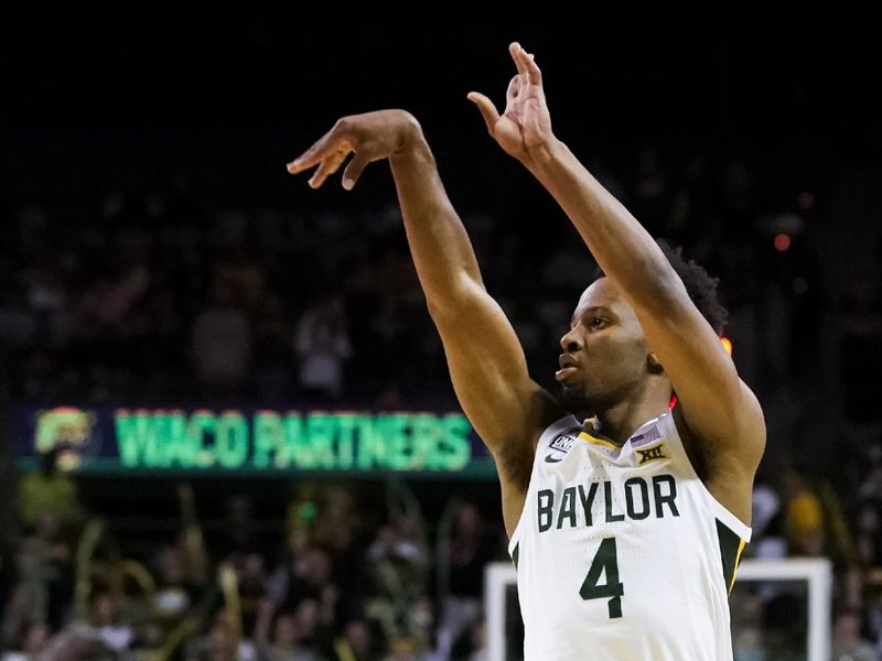 Feb 13, 2023; Waco, Texas, USA; Baylor Bears guard LJ Cryer (4) follows thru on a 3-point shot against the West Virginia Mountaineers during the second half at Ferrell Center. Mandatory Credit: Raymond Carlin III-USA TODAY Sports