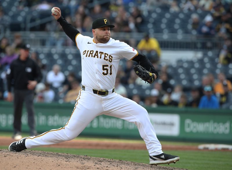 May 24, 2025; Pittsburgh, Pennsylvania, USA;  Pittsburgh Pirates relief pitcher David Bednar (51) pitches against the Milwaukee Brewers during the ninth inning at PNC Park. Mandatory Credit: Charles LeClaire-Imagn Images