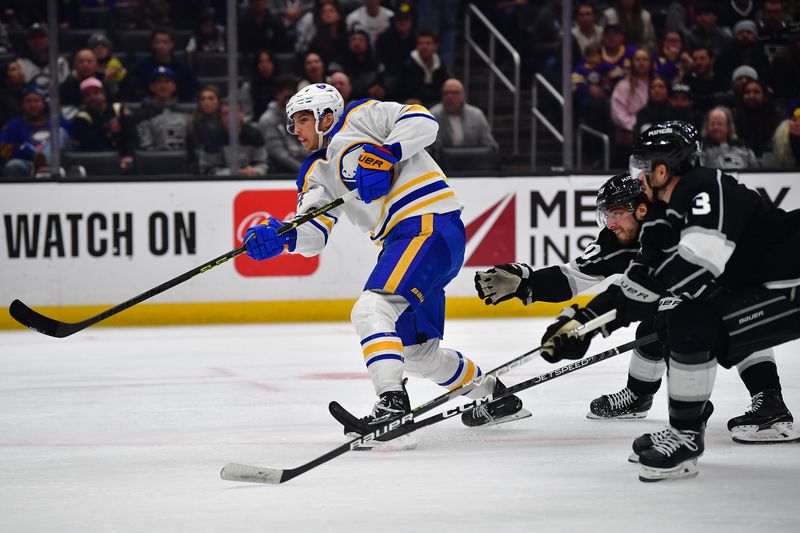 Feb 13, 2023; Los Angeles, California, USA; Buffalo Sabres center Dylan Cozens (24) scores a goal against the Los Angeles Kings during the third period at Crypto.com Arena. Mandatory Credit: Gary A. Vasquez-USA TODAY Sports