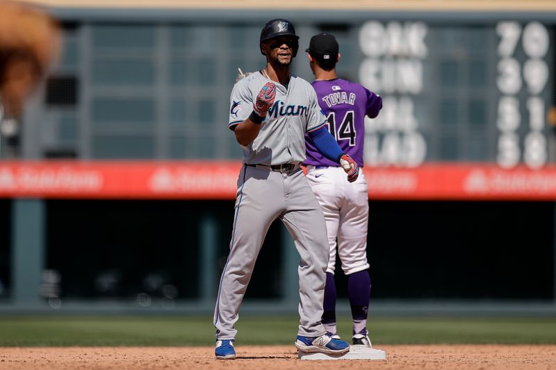 Aug 29, 2024; Denver, Colorado, USA; Miami Marlins second baseman Otto Lopez (61) reacts from second on a double in the sixth inning against the Colorado Rockies at Coors Field. Mandatory Credit: Isaiah J. Downing-USA TODAY Sports