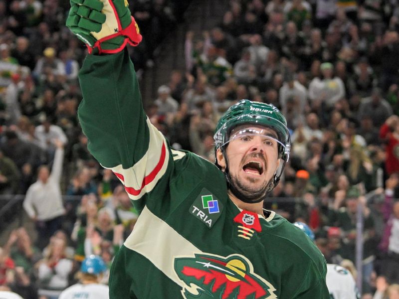 Apr 9, 2025; Saint Paul, Minnesota, USA;  Minnesota Wild forward Marcus Johansson (90) celebrates his goal against the San Jose Sharks during the first period at Xcel Energy Center. Mandatory Credit: Nick Wosika-Imagn Images