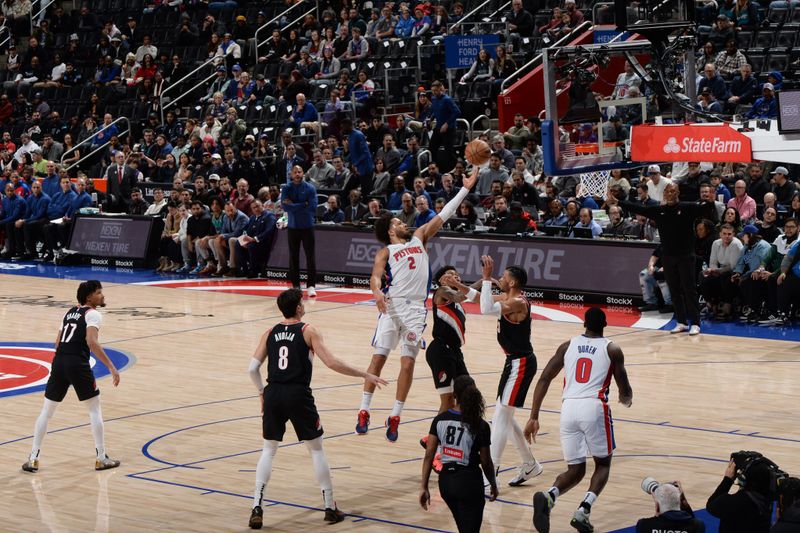 DETROIT, MI - JANUARY 06:  Cade Cunningham #2 of the Detroit Pistons shoots the ball during the game against the Portland Trail Blazers on January 06, 2025 at Little Caesars Arena in Detroit, Michigan. NOTE TO USER: User expressly acknowledges and agrees that, by downloading and/or using this photograph, User is consenting to the terms and conditions of the Getty Images License Agreement. Mandatory Copyright Notice: Copyright 2025 NBAE (Photo by Chris Schwegler/NBAE via Getty Images)