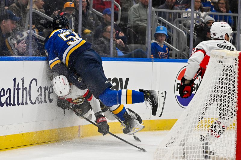 Dec 14, 2023; St. Louis, Missouri, USA;  St. Louis Blues defenseman Colton Parayko (55) checks Ottawa Senators center Josh Norris (9) during the first period at Enterprise Center. Mandatory Credit: Jeff Curry-USA TODAY Sports