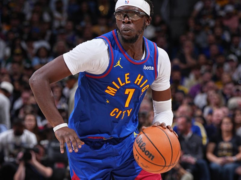 DENVER, CO - OCTOBER 24: Reggie Jackson #7 of the Denver Nuggets drives to the basket during the game against the Los Angeles Lakers on October 24, 2023 at the Ball Arena in Denver, Colorado. NOTE TO USER: User expressly acknowledges and agrees that, by downloading and/or using this Photograph, user is consenting to the terms and conditions of the Getty Images License Agreement. Mandatory Copyright Notice: Copyright 2023 NBAE (Photo by Garrett Ellwood/NBAE via Getty Images)