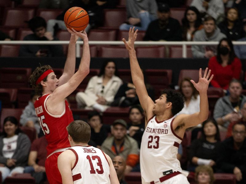 Jan 14, 2024; Stanford, California, USA; Utah Utes center Branden Carlson (35) shoots over Stanford Cardinal forward Brandon Angel (23) during the second half at Maples Pavilion. Mandatory Credit: D. Ross Cameron-USA TODAY Sports