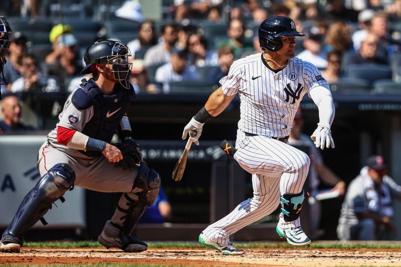 Sep 15, 2024; Bronx, New York, USA;  New York Yankees left fielder Jasson Domínguez (89) hits a single in the second inning against the Boston Red Sox at Yankee Stadium. Mandatory Credit: Wendell Cruz-Imagn Images