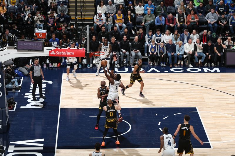 MINNEAPOLIS, MN -  FEBRUARY 1: Anthony Edwards #1 of the Minnesota Timberwolves drives to the basket during the game against the Golden State Warriors on February 1, 2023 at Target Center in Minneapolis, Minnesota. NOTE TO USER: User expressly acknowledges and agrees that, by downloading and or using this Photograph, user is consenting to the terms and conditions of the Getty Images License Agreement. Mandatory Copyright Notice: Copyright 2023 NBAE (Photo by David Sherman/NBAE via Getty Images)