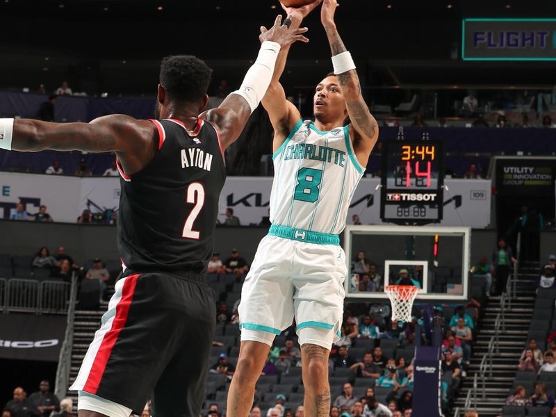 CHARLOTTE, NC - APRIL 3: Nick Smith Jr. #8 of the Charlotte Hornets shoots the ball during the game  on April 3, 2024 at Spectrum Center in Charlotte, North Carolina. NOTE TO USER: User expressly acknowledges and agrees that, by downloading and or using this photograph, User is consenting to the terms and conditions of the Getty Images License Agreement. Mandatory Copyright Notice: Copyright 2024 NBAE (Photo by Kent Smith/NBAE via Getty Images)