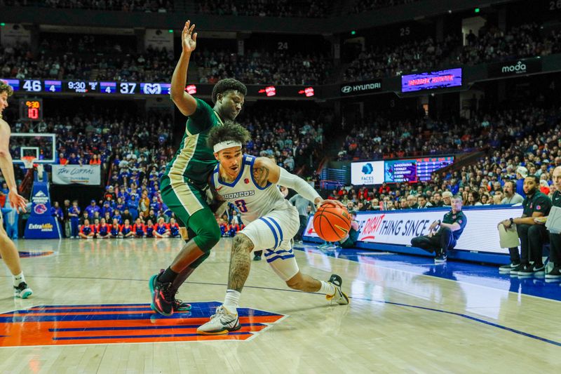 Jan 9, 2024; Boise, Idaho, USA; Boise State Broncos guard Roddie Anderson III (0) dribbles the ball during the second half against the Colorado State Rams at ExtraMile Arena. Mandatory Credit: Brian Losness-USA TODAY Sports


