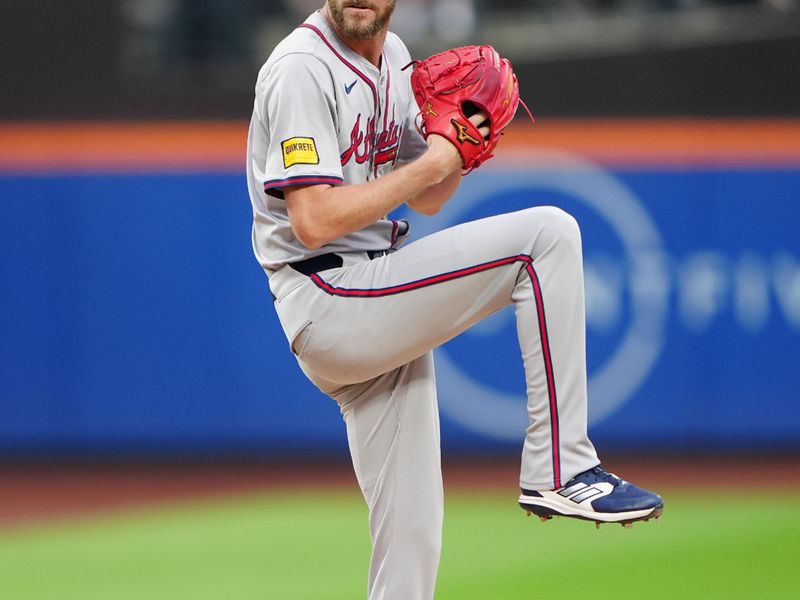 Jul 25, 2024; New York City, New York, USA; Atlanta Braves pitcher Chris Sale (51) delivers a pitch against the New York Mets during the first inning at Citi Field. Mandatory Credit: Gregory Fisher-USA TODAY Sports