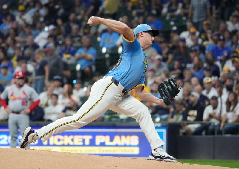 Sep 12, 2025; Milwaukee, Wisconsin, USA; Milwaukee Brewers pitcher Quinn Priester (46) delivers a pitch against the St. Louis Cardinals in the first inning at American Family Field. Mandatory Credit: Michael McLoone-Imagn Images