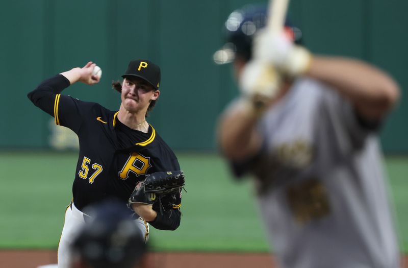 Sep 20, 2025; Pittsburgh, Pennsylvania, USA;  Pittsburgh Pirates starting pitcher Bubba Chandler (57) delivers a pitch to Athletics first baseman Nick Kurtz (16) during the first inning at PNC Park. Mandatory Credit: Charles LeClaire-Imagn Images