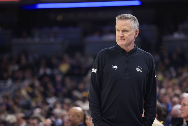 INDIANAPOLIS, IN - FEBRUARY 8:  Head Coach Steve Kerr of the Golden State Warriors looks on during the game on February 8, 2024  at Gainbridge Fieldhouse in Indianapolis, Indiana. NOTE TO USER: User expressly acknowledges and agrees that, by downloading and or using this Photograph, user is consenting to the terms and conditions of the Getty Images License Agreement. Mandatory Copyright Notice: Copyright 2024 NBAE (Photo by Justin Casterline/NBAE via Getty Images)