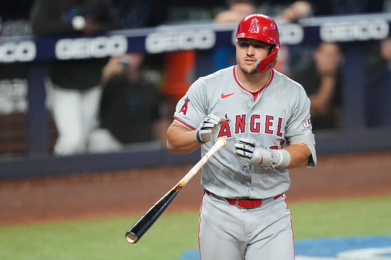 Apr 3, 2024; Miami, Florida, USA; Los Angeles Angels designated hitter Mike Trout (27) draws a walk in the sixth inning against the Miami Marlins at loanDepot Park. Mandatory Credit: Jim Rassol-USA TODAY Sports