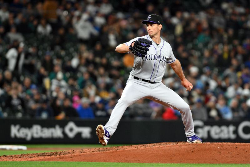 Apr 15, 2023; Seattle, Washington, USA; Colorado Rockies relief pitcher Brent Suter (39) pitches to the Seattle Mariners during the fifth inning at T-Mobile Park. Mandatory Credit: Steven Bisig-USA TODAY Sports