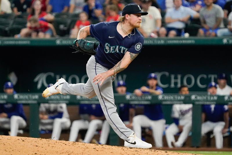 Apr 25, 2024; Arlington, Texas, USA; Seattle Mariners pitcher Gabe Speier (55) throws to the plate during the eighth inning against the Texas Rangers at Globe Life Field. Mandatory Credit: Raymond Carlin III-USA TODAY Sports