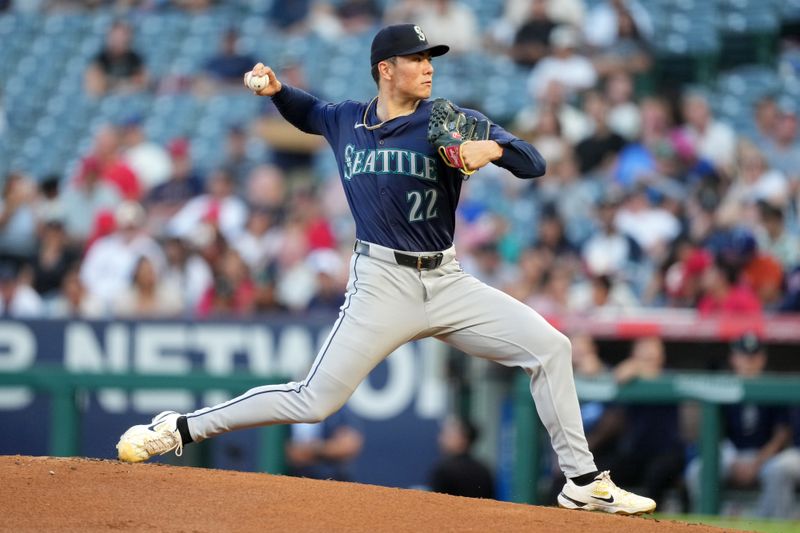 Aug 31, 2024; Anaheim, California, USA; Seattle Mariners starting pitcher Bryan Woo (22) throws in the first inning against the Los Angeles Angels at Angel Stadium. Mandatory Credit: Kirby Lee-USA TODAY Sports