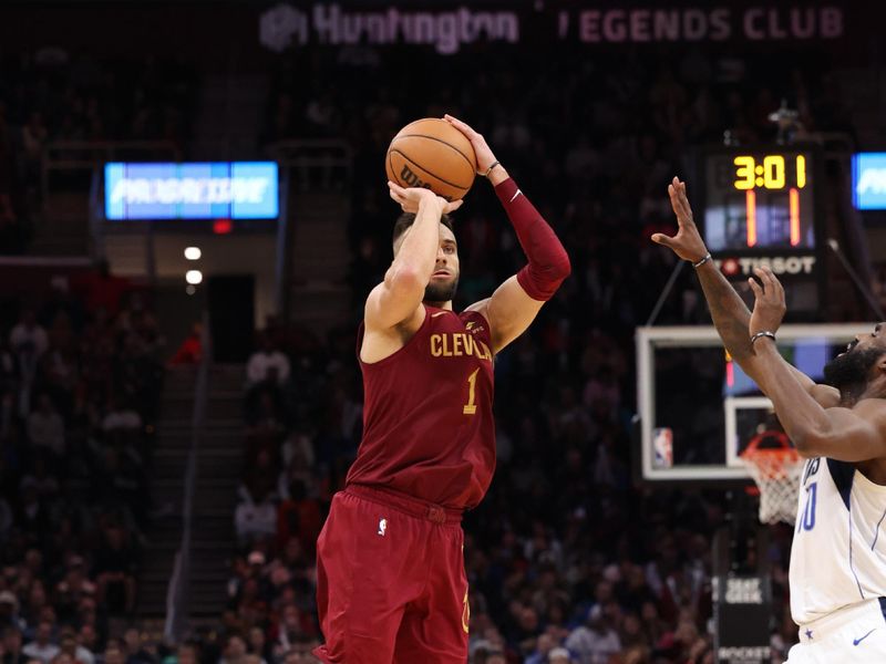 CLEVELAND, OH - FEBRUARY 27:  Max Strus #1 of the Cleveland Cavaliers shoots the ball during the game against the Dallas Mavericks on February 27, 2024 at Rocket Mortgage FieldHouse in Cleveland, Ohio. NOTE TO USER: User expressly acknowledges and agrees that, by downloading and/or using this Photograph, user is consenting to the terms and conditions of the Getty Images License Agreement. Mandatory Copyright Notice: Copyright 2024 NBAE (Photo by  Lauren Leigh Bacho/NBAE via Getty Images)