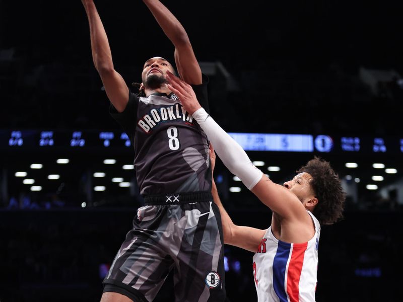 BROOKLYN, NY - JANUARY 8: Ziaire Williams #8 of the Brooklyn Nets drives to the basket during the game against the Detroit Pistons on January 8, 2025 at Barclays Center in Brooklyn, New York. NOTE TO USER: User expressly acknowledges and agrees that, by downloading and or using this Photograph, user is consenting to the terms and conditions of the Getty Images License Agreement. Mandatory Copyright Notice: Copyright 2025 NBAE (Photo by Brandon Todd/NBAE via Getty Images)