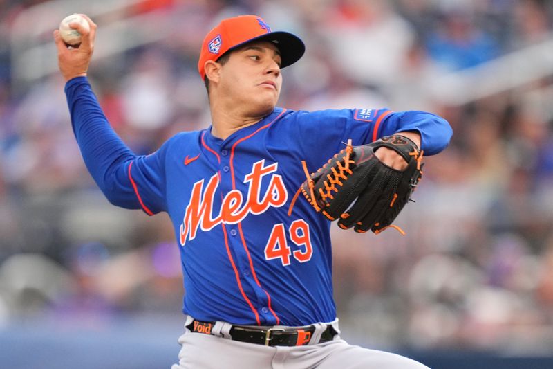 Mar 16, 2024; West Palm Beach, Florida, USA;  New York Mets relief pitcher Yacksel Rios (49) pitches in the third inning against the Houston Astros at CACTI Park of the Palm Beaches. Mandatory Credit: Jim Rassol-USA TODAY Sports