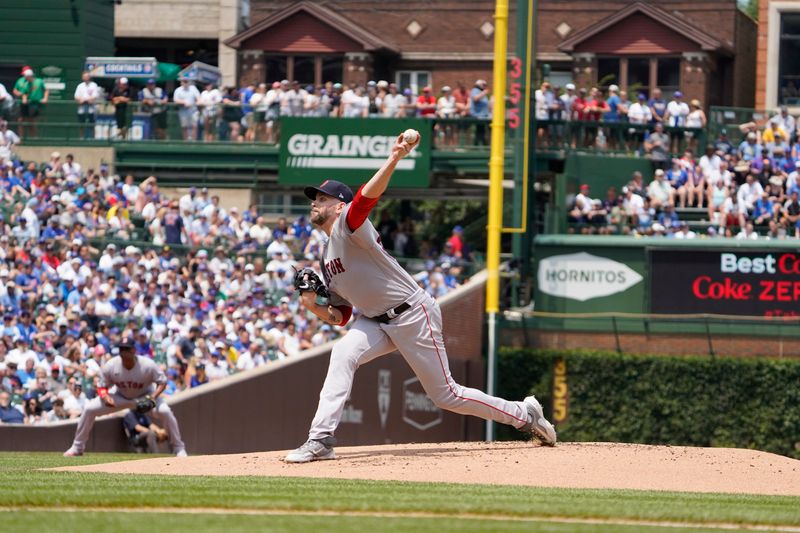 Jul 15, 2023; Chicago, Illinois, USA; Boston Red Sox starting pitcher James Paxton (65) throws the ball against the Chicago Cubs during the first inning at Wrigley Field. Mandatory Credit: David Banks-USA TODAY Sports