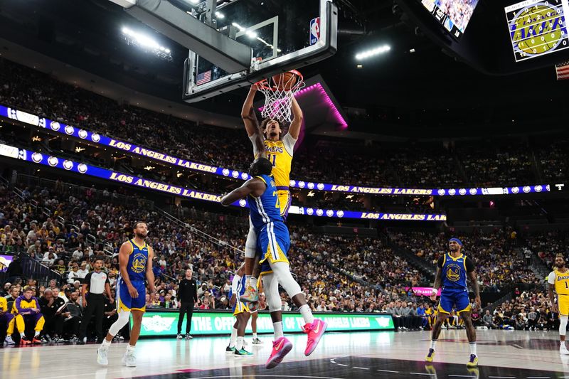 LAS VEGAS, NV - OCTOBER 15: Jaxson Hayes #11 of the Los Angeles Lakers dunks the ball during the game against the Golden State Warriors during the 2024 NBA Preseason on October 15, 2024 at T-Mobile Arena in Las Vegas, Nevada. NOTE TO USER: User expressly acknowledges and agrees that, by downloading and or using this photograph, User is consenting to the terms and conditions of the Getty Images License Agreement. Mandatory Copyright Notice: Copyright 2024 NBAE  (Photo by Jeff Bottari/NBAE via Getty Images)