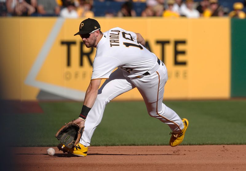 Oct 1, 2023; Pittsburgh, Pennsylvania, USA;  Pittsburgh Pirates third baseman Jared Triolo (19) fields a ground ball for an out against Miami Marlins first baseman Yuli Gurriel (not pictured) during the sixth inning at PNC Park. Pittsburgh won 3-0. Mandatory Credit: Charles LeClaire-USA TODAY Sports