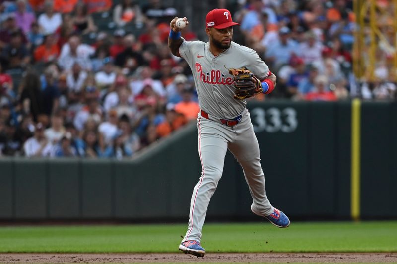 Jun 14, 2024; Baltimore, Maryland, USA;  Philadelphia Phillies shortstop Edmundo Sosa (33) throws to second base during the third inning against the Baltimore Orioles at Oriole Park at Camden Yards. Mandatory Credit: Tommy Gilligan-USA TODAY Sports