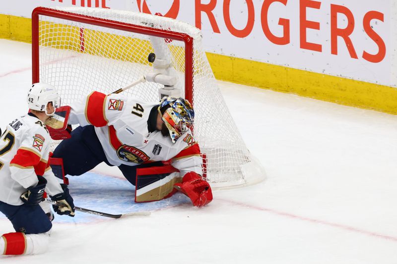 Jun 15, 2024; Edmonton, Alberta, CAN; Florida Panthers goaltender Anthony Stolarz (41) is unable to stop a goal by Edmonton Oilers center Ryan Nugent-Hopkins (not pictured) in the second period in game four of the 2024 Stanley Cup Final at Rogers Place. Mandatory Credit: Sergei Belski-USA TODAY Sports