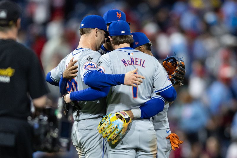 May 16, 2024; Philadelphia, Pennsylvania, USA; New York Mets second base Jeff McNeil (1) and first base Pete Alonso (20) celebrate with teammates after a victory against the Philadelphia Phillies at Citizens Bank Park. Mandatory Credit: Bill Streicher-USA TODAY Sports