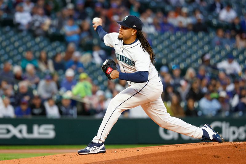 Apr 2, 2024; Seattle, Washington, USA; Seattle Mariners starting pitcher Luis Castillo (58) throws against the Cleveland Guardians during the first inning at T-Mobile Park. Mandatory Credit: Joe Nicholson-USA TODAY Sports