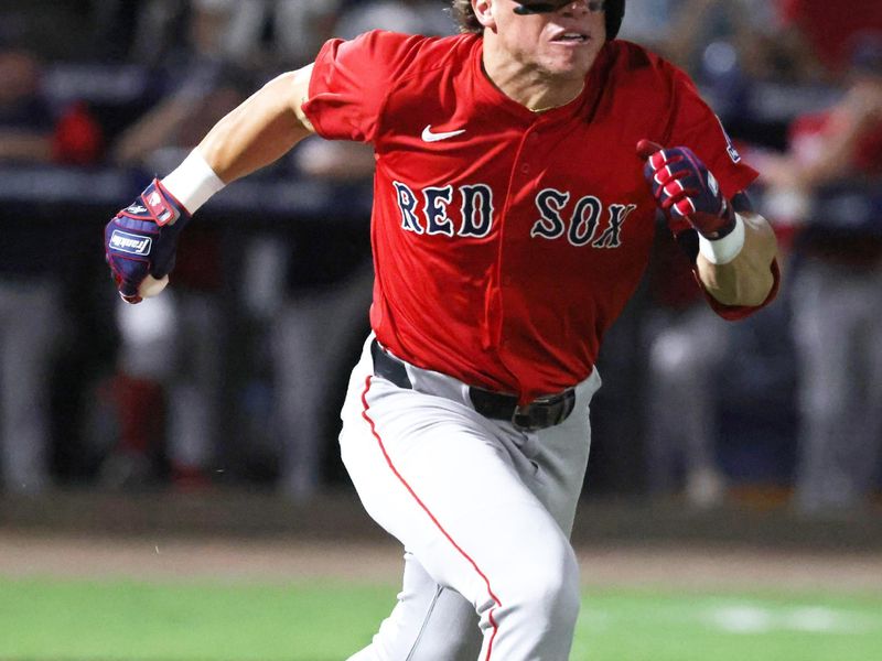 Sep 19, 2025; Tampa, Florida, USA;  Boston Red Sox outfielder Nate Eaton (40) singles during the second inning against the Tampa Bay Rays at George M. Steinbrenner Field. Mandatory Credit: Kim Klement Neitzel-Imagn Images