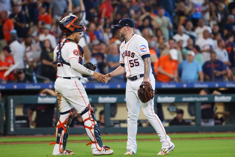 Aug 2, 2023; Houston, Texas, USA;  Houston Astros catcher Yainer Diaz (21) and  relief pitcher Ryan Pressly (55) celebrate the win against the Cleveland Guardians at Minute Maid Park. Mandatory Credit: Thomas Shea-USA TODAY Sports