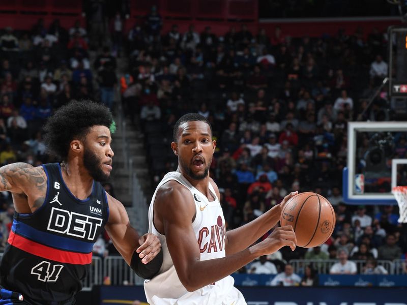 DETROIT, MI - NOVEMBER 4: Evan Mobley #4 of the Cleveland Cavaliers handles the ball during the game against the Detroit Pistons on November 4, 2022 at Little Caesars Arena in Detroit, Michigan. NOTE TO USER: User expressly acknowledges and agrees that, by downloading and/or using this photograph, User is consenting to the terms and conditions of the Getty Images License Agreement. Mandatory Copyright Notice: Copyright 2022 NBAE (Photo by Chris Schwegler/NBAE via Getty Images)