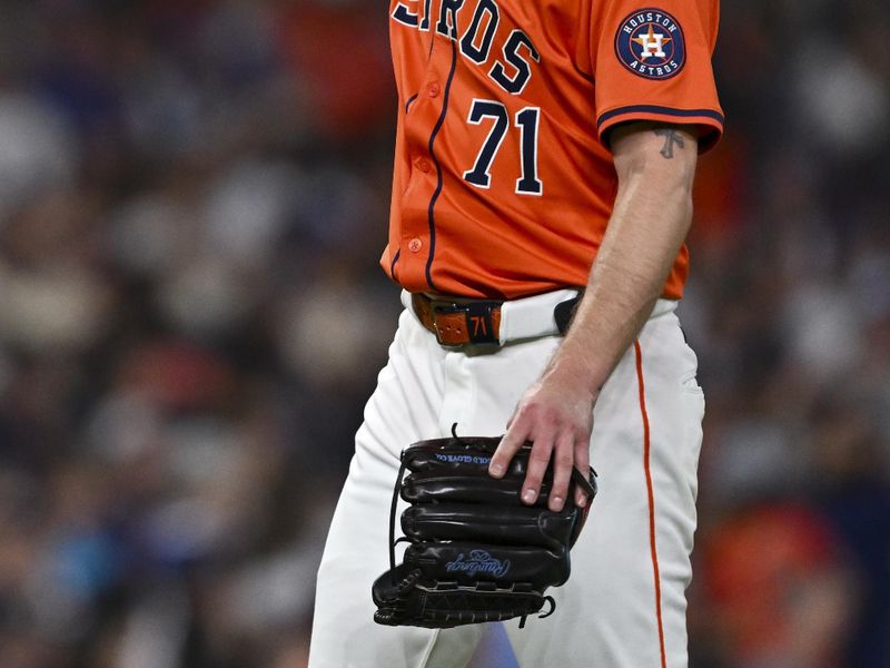 Jun 27, 2025; Houston, Texas, USA; Houston Astros pitcher Josh Hader (71) reacts after the win over the Chicago Cubs at Daikin Park. Mandatory Credit: Maria Lysaker-Imagn Images 