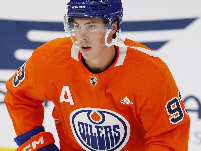 Sep 30, 2022; Edmonton, Alberta, CAN; Edmonton Oilers forward Ryan Nugent-Hopkins (93) skates during warmup against the Calgary Flames at Rogers Place. Mandatory Credit: Perry Nelson-USA TODAY Sports