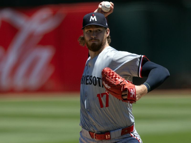 Jun 22, 2024; Oakland, California, USA; Minnesota Twins starting pitcher Bailey Ober (17) delivers a pitch against the Oakland Athletics during the first inning at Oakland-Alameda County Coliseum. Mandatory Credit: D. Ross Cameron-USA TODAY Sports