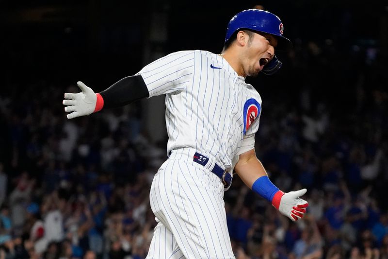 Jul 18, 2023; Chicago, Illinois, USA; Chicago Cubs right fielder Seiya Suzuki (27) runs the bases after hitting a home run against the Washington Nationals during the sixth inning at Wrigley Field. Mandatory Credit: David Banks-USA TODAY Sports