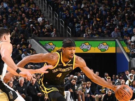 SAN FRANCISCO, CA - NOVEMBER 24:  Moses Moody #4 of the Golden State Warriors handles the ball during the game  during the in-Season Tournament on November 24, 2023 at Chase Center in San Francisco, California. NOTE TO USER: User expressly acknowledges and agrees that, by downloading and or using this photograph, user is consenting to the terms and conditions of Getty Images License Agreement. Mandatory Copyright Notice: Copyright 2023 NBAE (Photo by Noah Graham/NBAE via Getty Images)