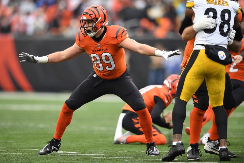 Cincinnati Bengals tight end Drew Sample (89) during an NFL football game against the Pittsburgh Steelers on Sunday, Nov. 26, 2023, in Cincinnati. (AP Photo/Emilee Chinn)